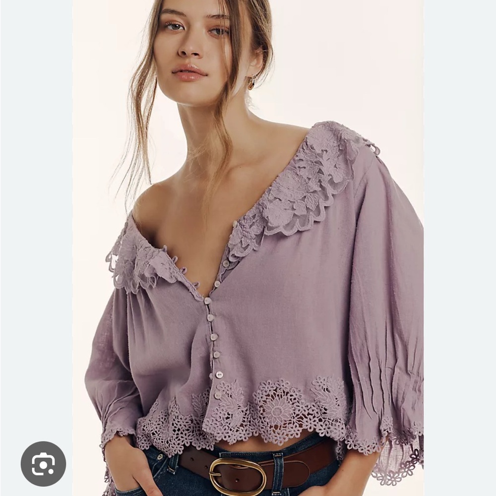Anthropologie Linen Lace Collar Blouse